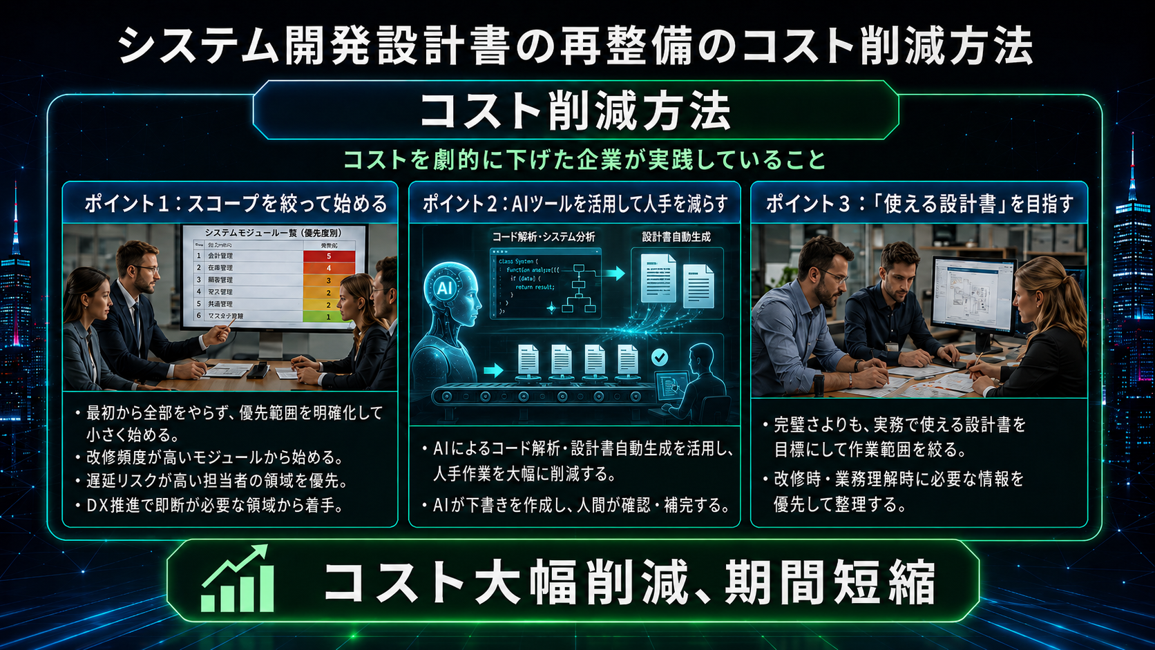 AIリバースエンジニアリングで設計書整備コストを削減する仕組みのイメージ図