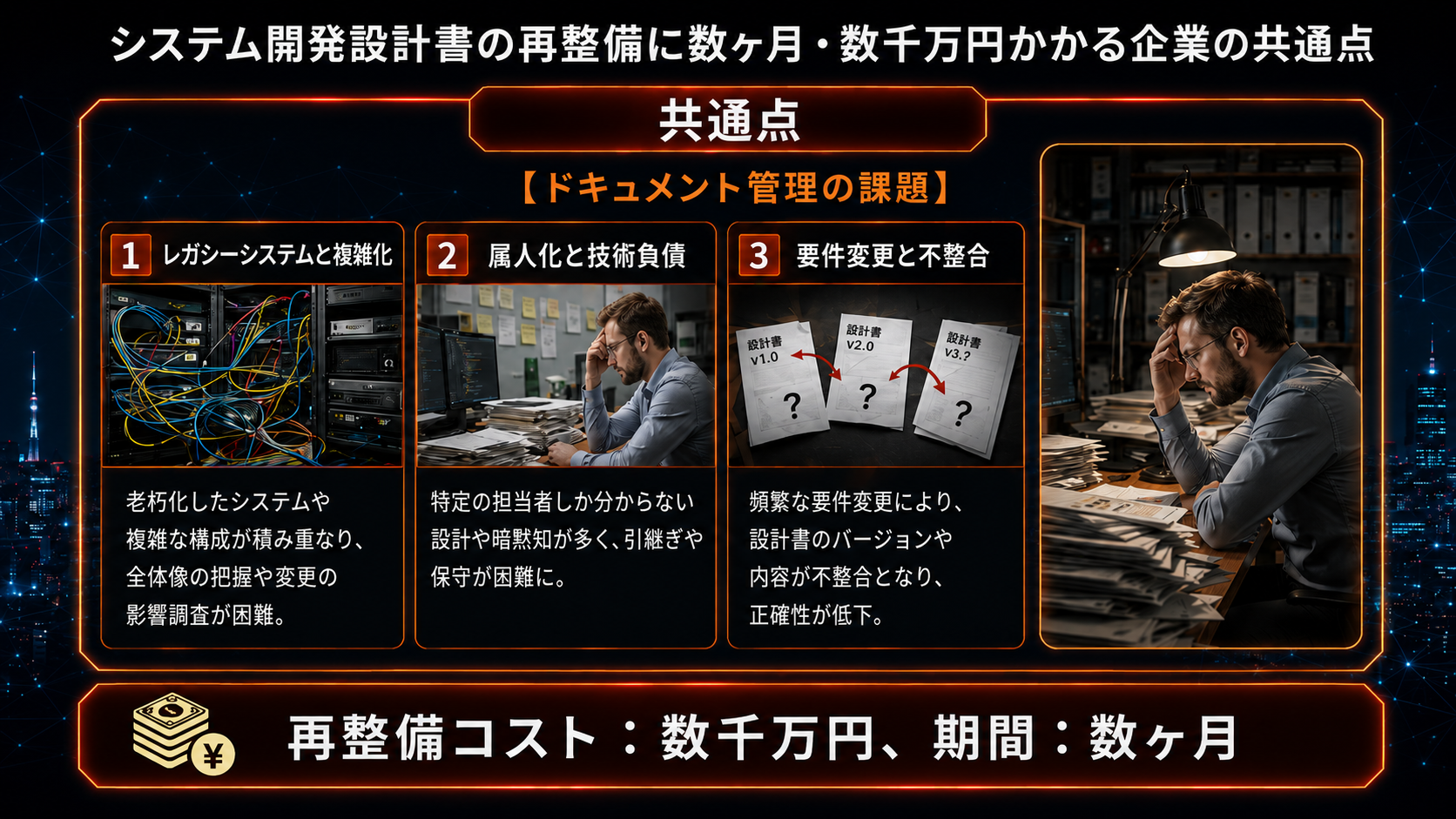 設計書の再整備に数ヶ月・数千万円のコストがかかり頭を抱える企業のイメージ図